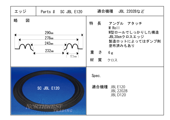 スピーカーエッジ JBL30センチ用m型クロスエッジ ２枚 ノースウェストトレ-ディング